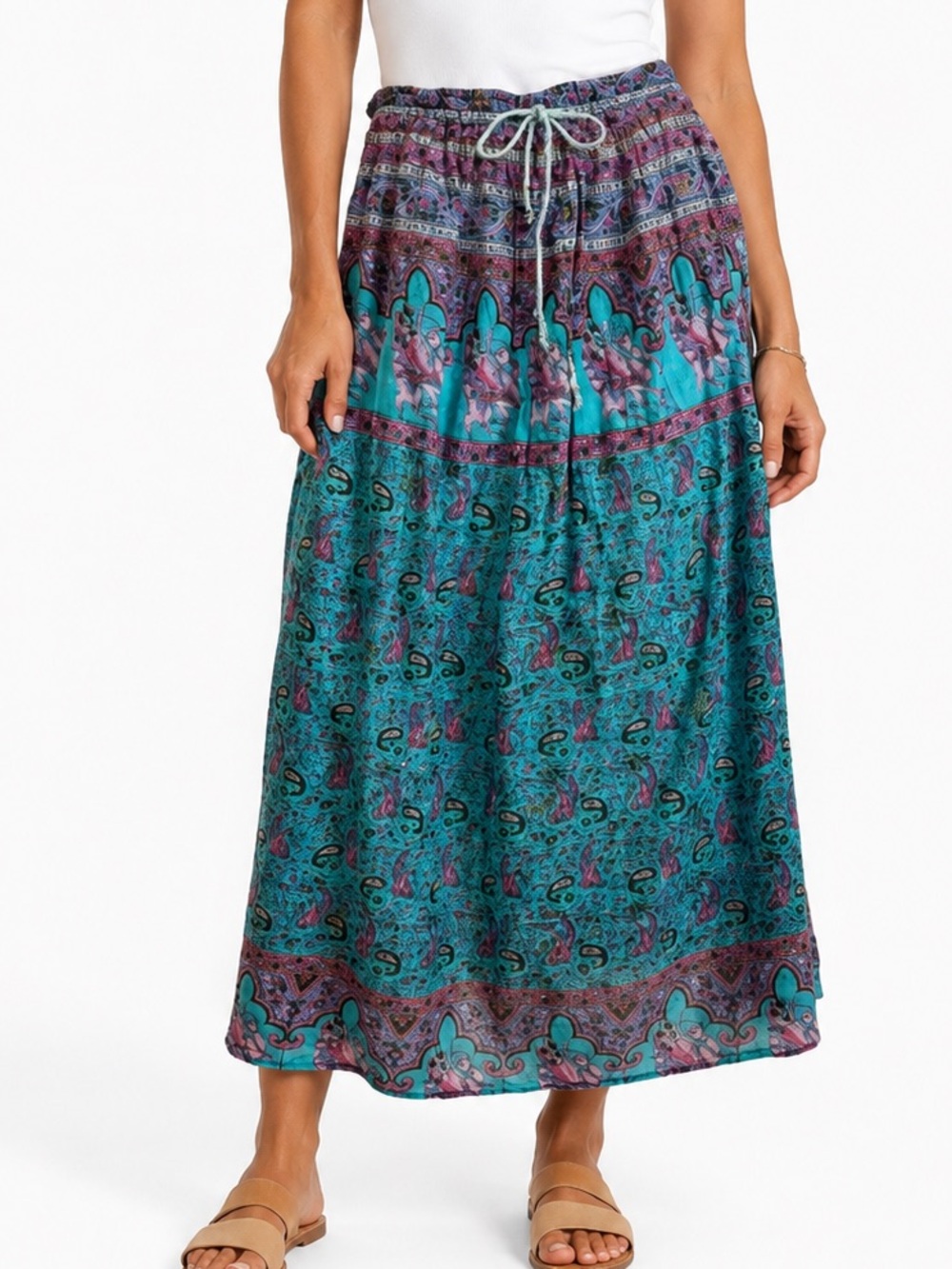 Made In India Paisley Print MIdi Skirt One Size A-Line Flowy Cotton Lawn Boho